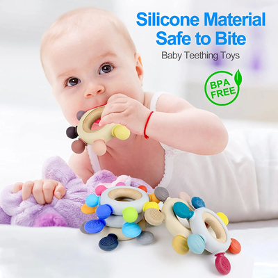 BPA Free 8 Directions Baby Ząbkowanie Zabawki z drewnianym pierścieniem Łagodzą dziąsła dla niemowląt