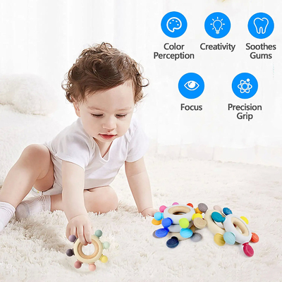 BPA Free 8 Directions Baby Ząbkowanie Zabawki z drewnianym pierścieniem Łagodzą dziąsła dla niemowląt